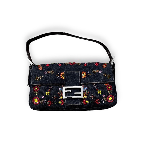 Fendi Handbags - Fendi 150 anniversary denim embroidered beaded baguette